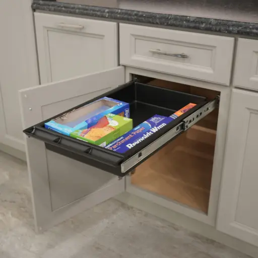 ORGAdrawer Multi-Purpose Drawer organizer filled with foil wrap and plastic bags