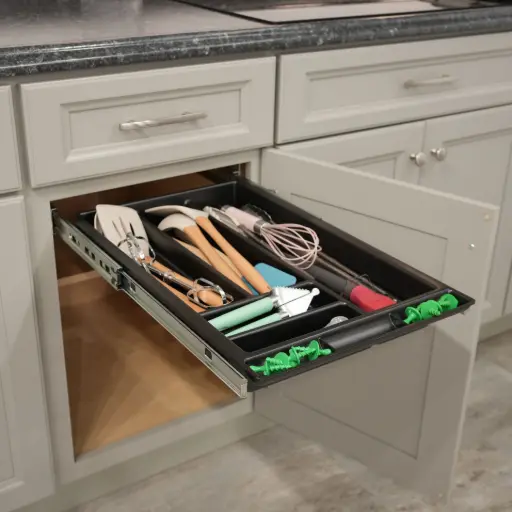 ORGAdrawer Utensil Drawer organizer filled your essential cooking tools like grill tongs, whisks, wooden spoons, and other items