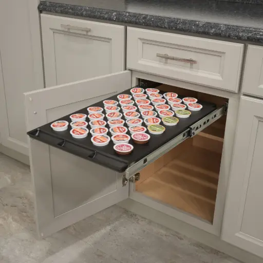 ORGAdrawer K-Cup Drawer organizer pulled out and filled with 42 K-Cup pods for easy access